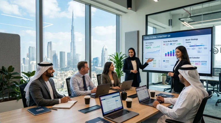 A group of business professionals collaborating in an office, with a large screen displaying strategic marketing data.
