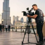 A professional videographer stands with a camera, capturing the skyline of Dubai in the background.