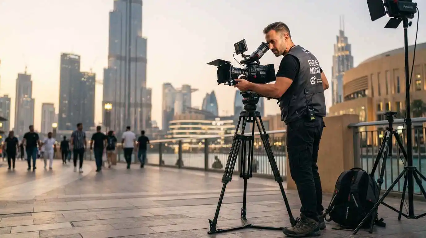 A professional videographer stands with a camera, capturing the skyline of Dubai in the background.