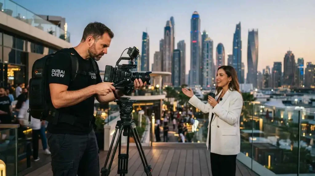 A male and female videographer capturing footage in front of Dubai's iconic skyline.